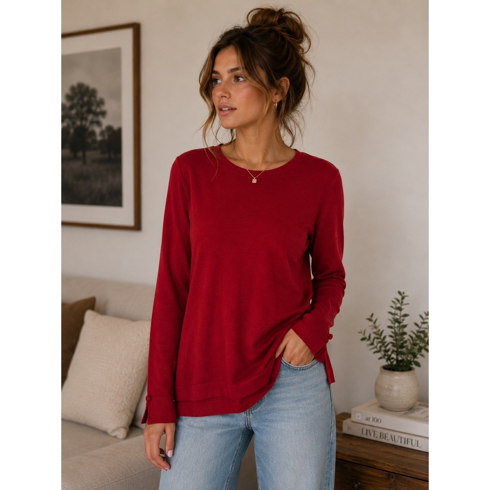 J. Jill Red Washable Merino Wool Sweater Crew Neck High-Low Hem Womens Small